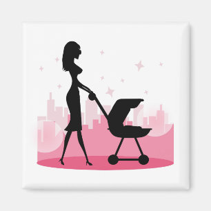 Fashionable Mamma Pushing Baby Carriage Magnet