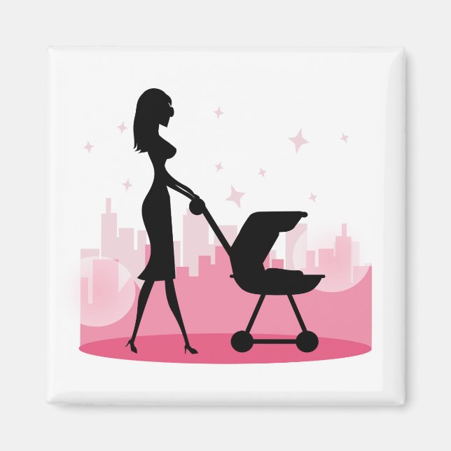 Fashionable Mamma Pushing Baby Carriage Magnet (Framsidan)