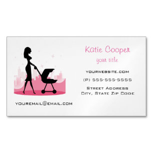 Fashionable Mamma Pushing Baby Carriage Magnetiska Visitkort