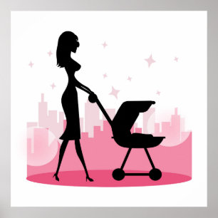 Fashionable Mamma Pushing Baby Carriage Poster