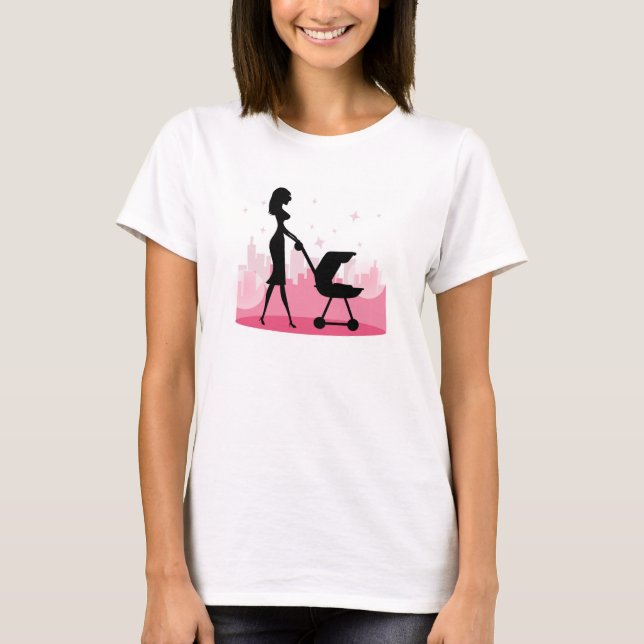 Fashionable Mamma Pushing Baby Carriage Tee Shirt (Framsida)
