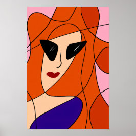 Fashionable Rödhårig - Rosa och Orange Line Teckni Poster