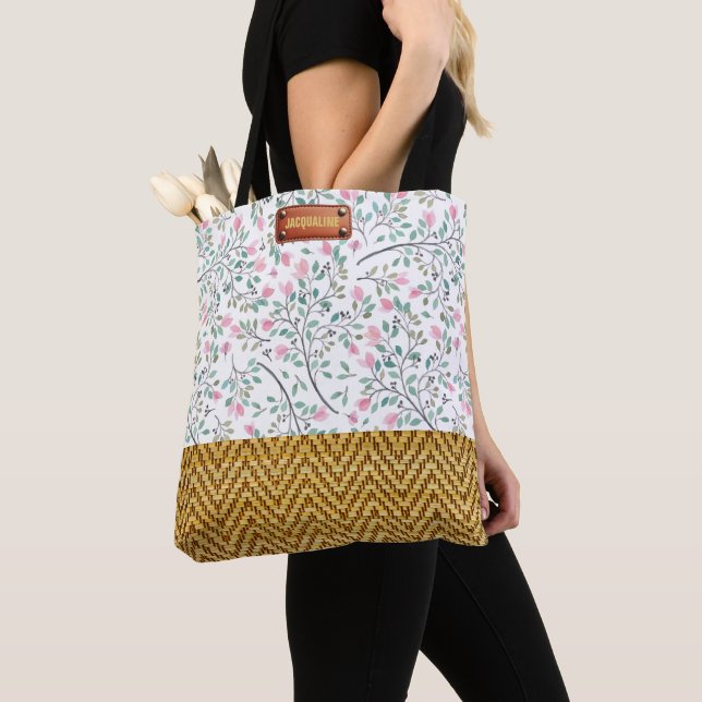 Fashionable Watercolor Blommigt Rattan-utseende Tygkasse (Närbild)