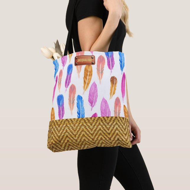 Fashionable Watercolor Feather Rattan-utseende Tygkasse (Närbild)