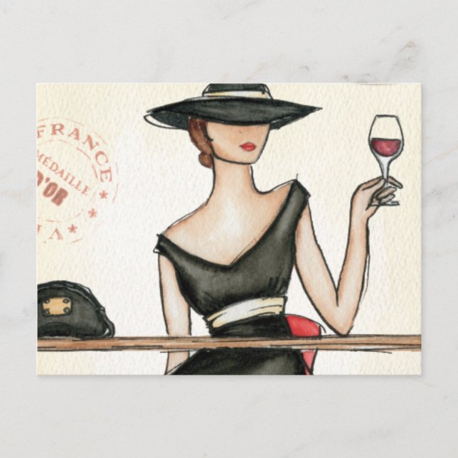 Fashionable Woman and Vin Glass Vykort (Framsida)
