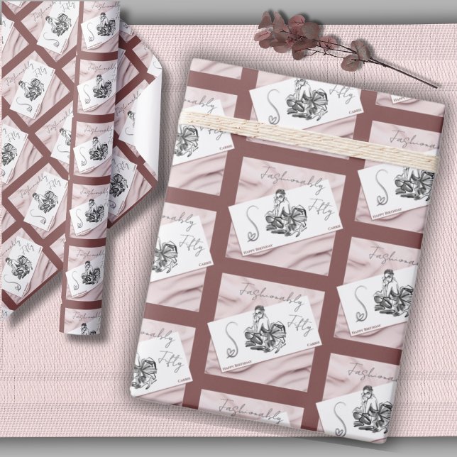 Fashionably Fifty Chic Couture Presentpapper (Chic Fashionably Fifty wrapping paper with couture fashion sketch grid and terracotta borders.)