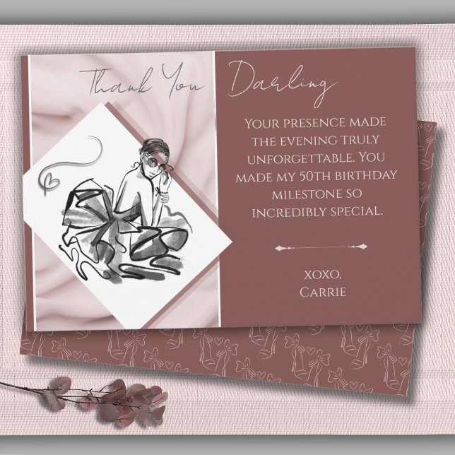 Fashionably Fifty Chic Couture Tacksamhetskort Tack Kort (Chic Fashionably Fifty thank you card with couture sketch and stiletto pattern.)