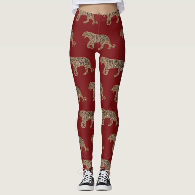 Fashionista Guld Black Red Glitter Tiger Mönster Leggings (Framsida)