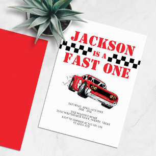 Fast en Modern Red Tävling Car Boy 1:a födelsedag Inbjudningar