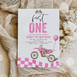 Fast en Rosa Dirt Bike Girl 1:a födelsedagen Party Inbjudningar