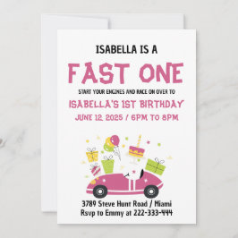 FAST EN Tävling-bilflicka 1:a födelsedagen Party Inbjudningar