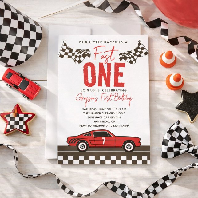 Fast en Tävling Car Boy 1:a födelsedagen Party Inbjudningar (Fast One Race Car Boy 1st Birthday Party Invitation
)