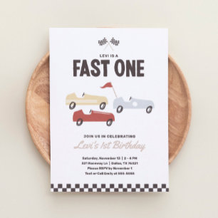 Fast en Tävling Car Boy 1:a födelsedagen Party Inbjudningar