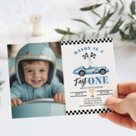 Fast ett Blue Photo Tävling car Boy 1st Birthday Inbjudningar