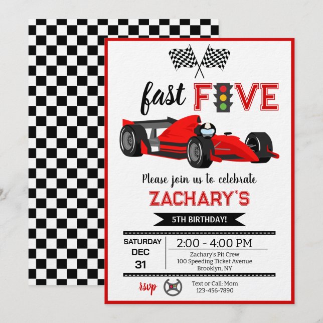Fast & Five Red Flame Race Car 5th Birthday Party Inbjudningar (Fram/baksida)