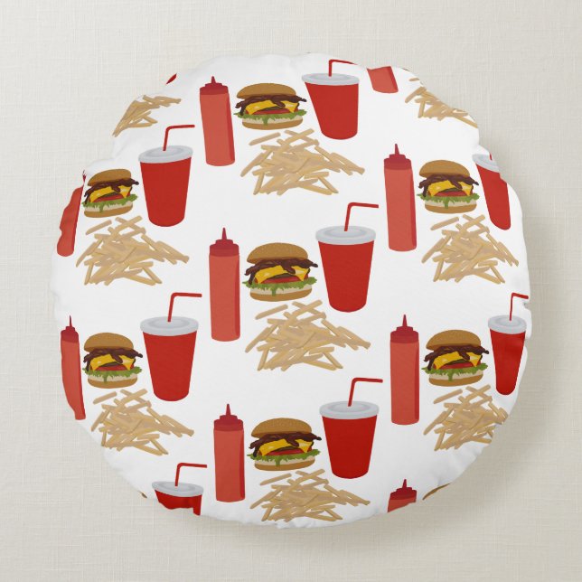 Fast Food Burger Fries Mönster Rund Kudde (Framsidan)
