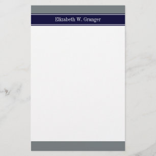 Fast Grått, marinblått band Namn Monogram Brevpapper