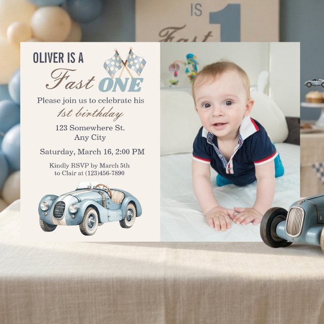 Fast One 1st Birthday Blue Race Car Boy Photo  Inbjudningar (Fast One 1st Birthday Photo Invitation )