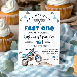 Fast One Blue Dirt Bike Birthday Party Invitation Inbjudningar
