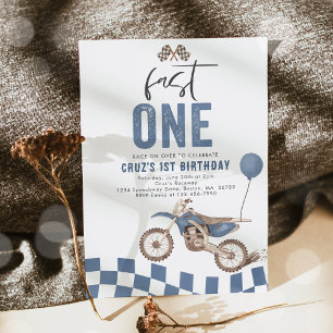 Fast One Blue Dirt Bike Boy 1st Birthday Party Inbjudningar