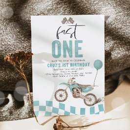 Fast One Blue Dirt Bike Boy 1st Birthday Party Inbjudningar