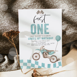 Fast One Blue Dirt Bike Boy 1st Birthday Party Inbjudningar