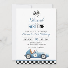 Fast One Blue Race Car 1st Birthday Inbjudningar