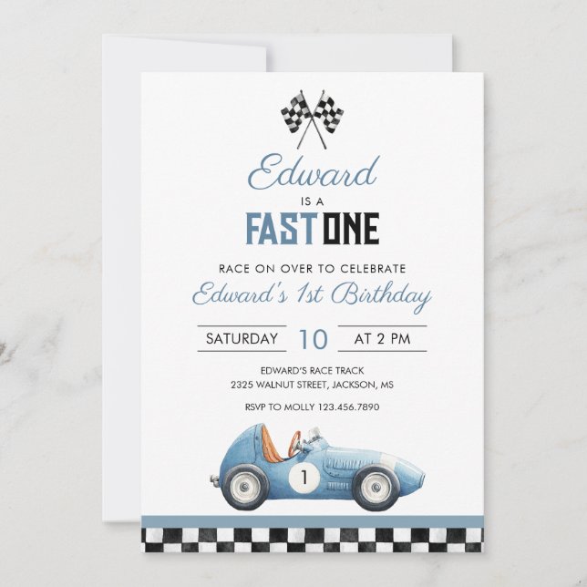 Fast One Blue Race Car 1st Birthday Inbjudningar (Framsida)