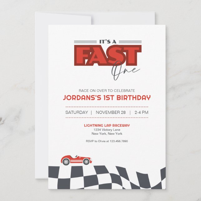 Fast One First Birthday Race Car Invitation Inbjudningar (Framsida)
