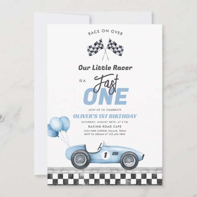 Fast One Race Car Boy 1st Birthday Invitation Inbjudningar (Framsida)