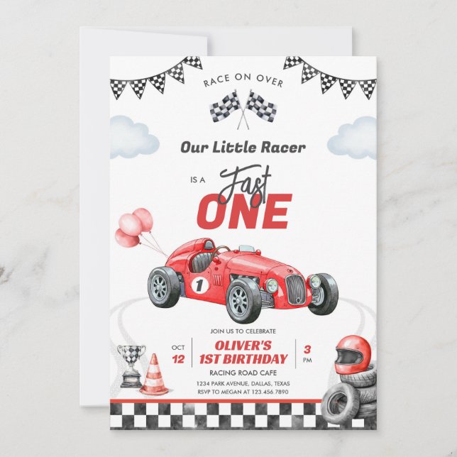 Fast One Race Car Boy 1st Birthday Invitation Inbjudningar (Framsida)