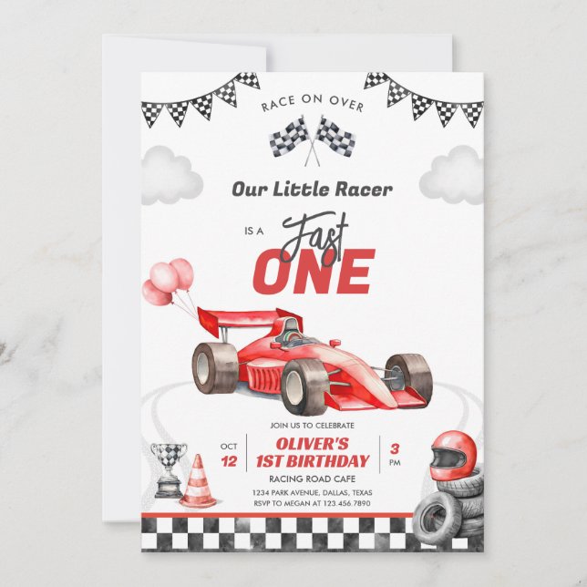 Fast One Race Car Boy 1st Birthday Invitation Inbjudningar (Framsida)
