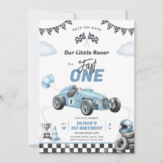 Fast One Race Car Boy 1st Birthday Invitation Inbjudningar (Framsida)