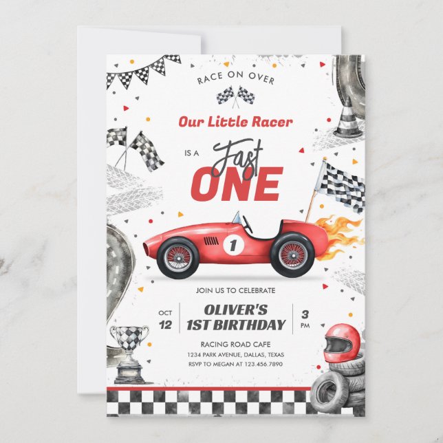 Fast One Race Car Boy 1st Birthday Invitation Inbjudningar (Framsida)