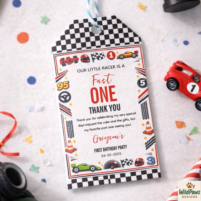 Fast One Race Car Boy 1st Birthday Party Presentetikett (Fast One Race Car Boy 1st Birthday Party Gift Tags
)