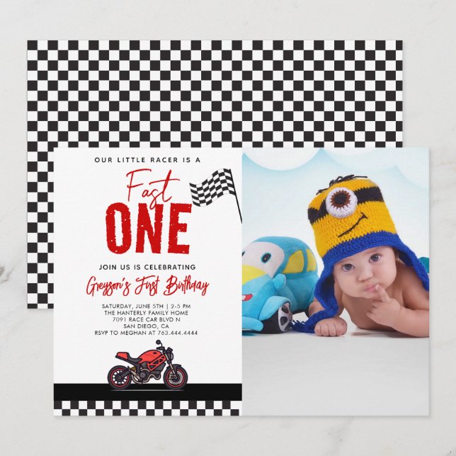 Fast One Race Motorcycle Photo 1st Birthday Party Inbjudningar (Fram/baksida)