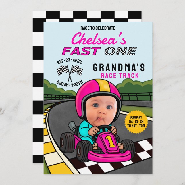 Fast ONE Racer Pink Birthday  Inbjudningar (Fram/baksida)