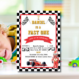 Fast One Racing Theme Checkered Flag Birthday Inbjudningar