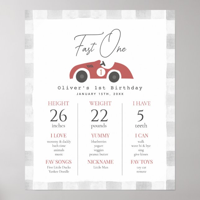 Fast One Red Race Car 1st Birthday Milestone Poster (Framsidan)