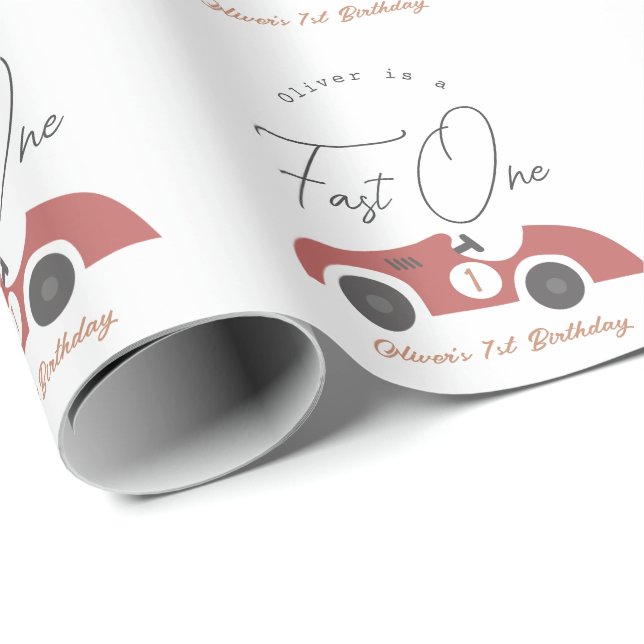 Fast One Red Race Car Boy 1st Birthday Presentpapper (Rullad Hörn)