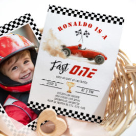 Fast One Red tävling car Boy 1:a födelsedagsfoto Inbjudningar