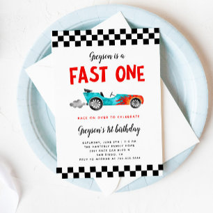 FAST ONE Tävling Car Boy 1st Birthday Party Inbjudningar