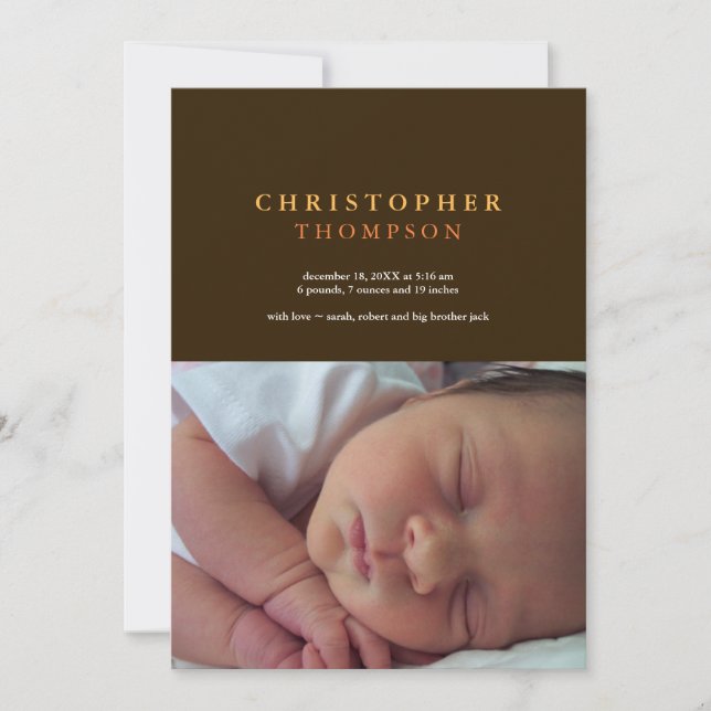 Fast sofistikerad brun gult foto baby födelse meddelande (Framsida)