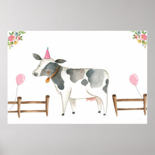 Fäst Svan Cow Boskap Flickans Rosa på födelsedagen Poster