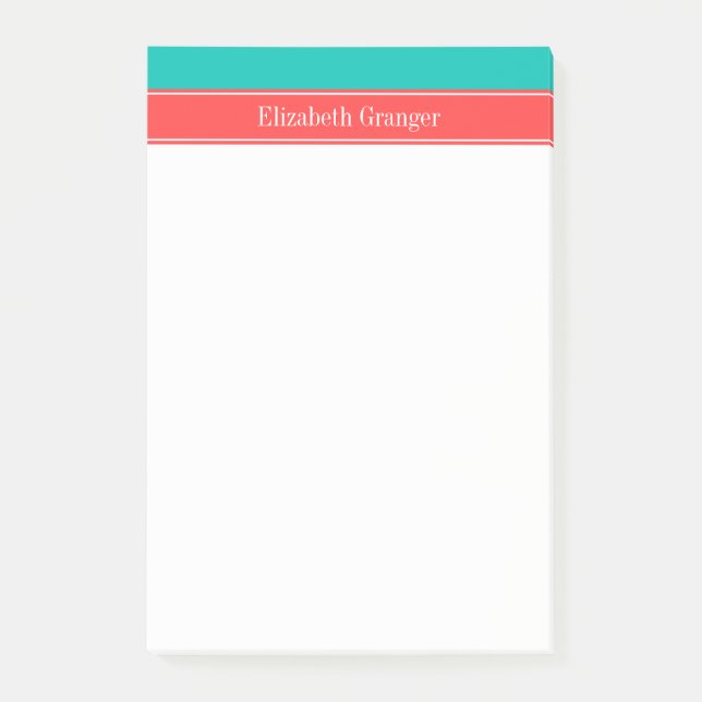 Fast Teal, Korallröd Band Namnmonogram Post-it Block (Framsida)