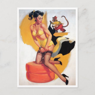 Fäst upp Brunette Monkey Business Vintage Vykort