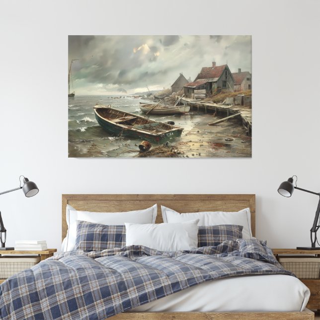 Fästade Fortunes: Worn Boats & Village Canvastryck (Insitu (sovrum))