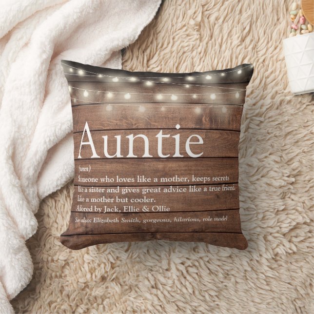Fastermost Auntie Definition Strängljus Rustik Trä Kudde (Filt)
