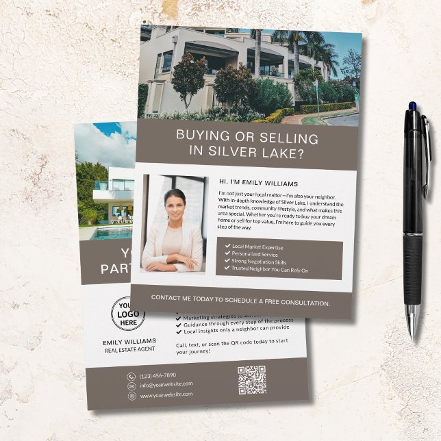 Fastighets Anpassad Flyer (Real Estate, Broker, Realtor Flyer with Custom Photos, Logo, and QR Code.)
