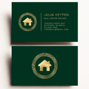 Fastighets Hus Logotyp Grekisk Nyckel Ram Grön Gul Visitkort